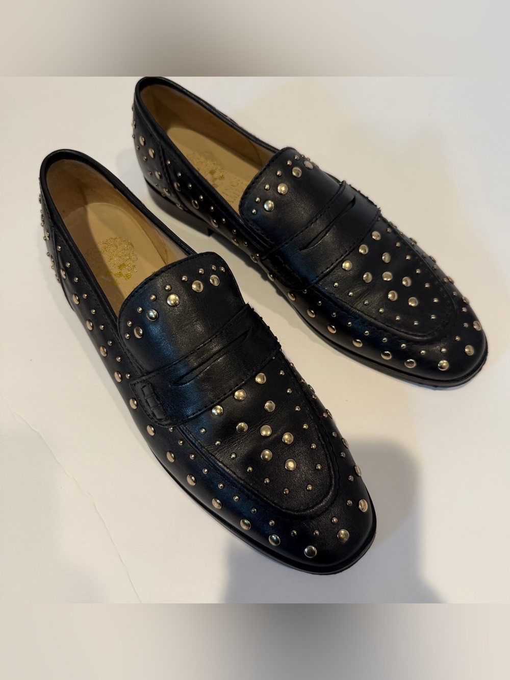 Vince Camuto Women's Black Leather Studded Penny Loafers - Picture 2 of 8